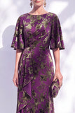 Sage Green Floral Mermaid Bateau Neck Ruched Long Mother of the Bride Dress with Sash