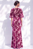 Sage Green Floral Mermaid Bateau Neck Ruched Long Mother of the Bride Dress with Sash