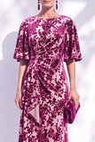 Sage Green Floral Mermaid Bateau Neck Ruched Long Mother of the Bride Dress with Sash
