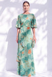 Sage Green Floral Mermaid Bateau Neck Ruched Long Mother of the Bride Dress with Sash
