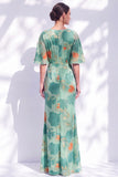 Sage Green Floral Mermaid Bateau Neck Ruched Long Mother of the Bride Dress with Sash
