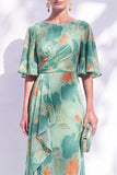 Sage Green Floral Mermaid Bateau Neck Ruched Long Mother of the Bride Dress with Sash
