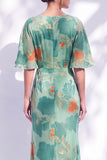 Sage Green Floral Mermaid Bateau Neck Ruched Long Mother of the Bride Dress with Sash