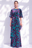 Sage Green Floral Mermaid Bateau Neck Ruched Long Mother of the Bride Dress with Sash