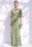 Sage Green Floral Mermaid Bateau Neck Ruched Long Mother of the Bride Dress with Sash
