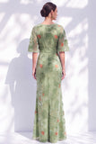 Sage Green Floral Mermaid Bateau Neck Ruched Long Mother of the Bride Dress with Sash