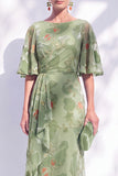 Sage Green Floral Mermaid Bateau Neck Ruched Long Mother of the Bride Dress with Sash