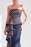 Gold Dot Strapless Mermaid Ruffled Long Mother of the Bride Dress
