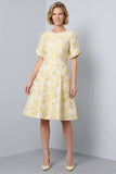 A-Line Light Yellow Round Neck Floral Midi Work Dress