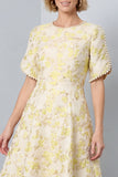 A-Line Light Yellow Round Neck Floral Midi Work Dress