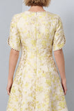 A-Line Light Yellow Round Neck Floral Midi Work Dress