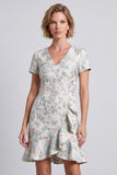 Light Blue V-Neck Floral Bodycon Ruffled Mini Work Dress with Short Sleeves