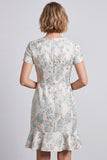 Light Blue V-Neck Floral Bodycon Ruffled Mini Work Dress with Short Sleeves
