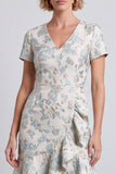 Light Blue V-Neck Floral Bodycon Ruffled Mini Work Dress with Short Sleeves