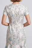 Light Blue V-Neck Floral Bodycon Ruffled Mini Work Dress with Short Sleeves