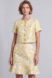 Light Yellow Round Neck Bodycon Floral Short Work Dress with Ruffles