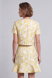 Light Yellow Round Neck Bodycon Floral Short Work Dress with Ruffles