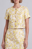 Light Yellow Round Neck Bodycon Floral Short Work Dress with Ruffles