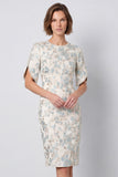 Bodycon Light Blue Floral Round Neck Midi Work Dress with Short Sleeves