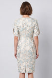 Bodycon Light Blue Floral Round Neck Midi Work Dress with Short Sleeves