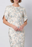 Bodycon Light Blue Floral Round Neck Midi Work Dress with Short Sleeves