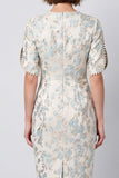 Bodycon Light Blue Floral Round Neck Midi Work Dress with Short Sleeves