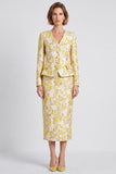 Light Yellow V-Neck Bodycon Floral Single Breasted Midi Work Dress with Slit