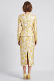 Light Yellow V-Neck Bodycon Floral Single Breasted Midi Work Dress with Slit