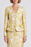 Light Yellow V-Neck Bodycon Floral Single Breasted Midi Work Dress with Slit