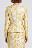 Light Yellow V-Neck Bodycon Floral Single Breasted Midi Work Dress with Slit