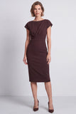 Brown Bodycon Ruched Round Neck Cap Sleeves Midi Work Dress with Slit