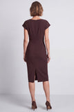 Brown Bodycon Ruched Round Neck Cap Sleeves Midi Work Dress with Slit