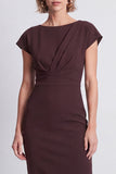 Brown Bodycon Ruched Round Neck Cap Sleeves Midi Work Dress with Slit