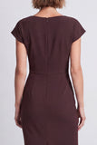 Brown Bodycon Ruched Round Neck Cap Sleeves Midi Work Dress with Slit