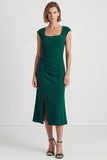 Dark Green Square Neck Ruched Cap Sleeves Midi Work Dress with Slit