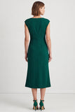 Dark Green Square Neck Ruched Cap Sleeves Midi Work Dress with Slit