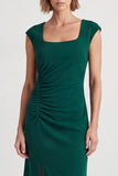 Dark Green Square Neck Ruched Cap Sleeves Midi Work Dress with Slit