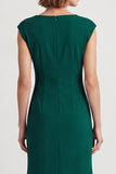 Dark Green Square Neck Ruched Cap Sleeves Midi Work Dress with Slit