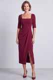 Navy Square Neck Ruched Bodycon Half Sleeves Midi Work Dress with Slit