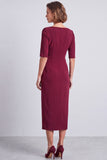 Navy Square Neck Ruched Bodycon Half Sleeves Midi Work Dress with Slit