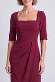 Navy Square Neck Ruched Bodycon Half Sleeves Midi Work Dress with Slit