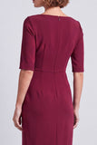 Navy Square Neck Ruched Bodycon Half Sleeves Midi Work Dress with Slit