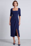 Navy Square Neck Ruched Bodycon Half Sleeves Midi Work Dress with Slit