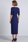 Navy Square Neck Ruched Bodycon Half Sleeves Midi Work Dress with Slit