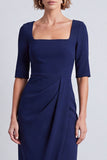 Navy Square Neck Ruched Bodycon Half Sleeves Midi Work Dress with Slit