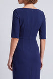 Navy Square Neck Ruched Bodycon Half Sleeves Midi Work Dress with Slit