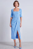 Navy Square Neck Ruched Bodycon Half Sleeves Midi Work Dress with Slit