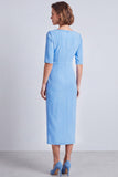 Navy Square Neck Ruched Bodycon Half Sleeves Midi Work Dress with Slit