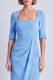 Navy Square Neck Ruched Bodycon Half Sleeves Midi Work Dress with Slit