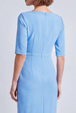 Navy Square Neck Ruched Bodycon Half Sleeves Midi Work Dress with Slit
